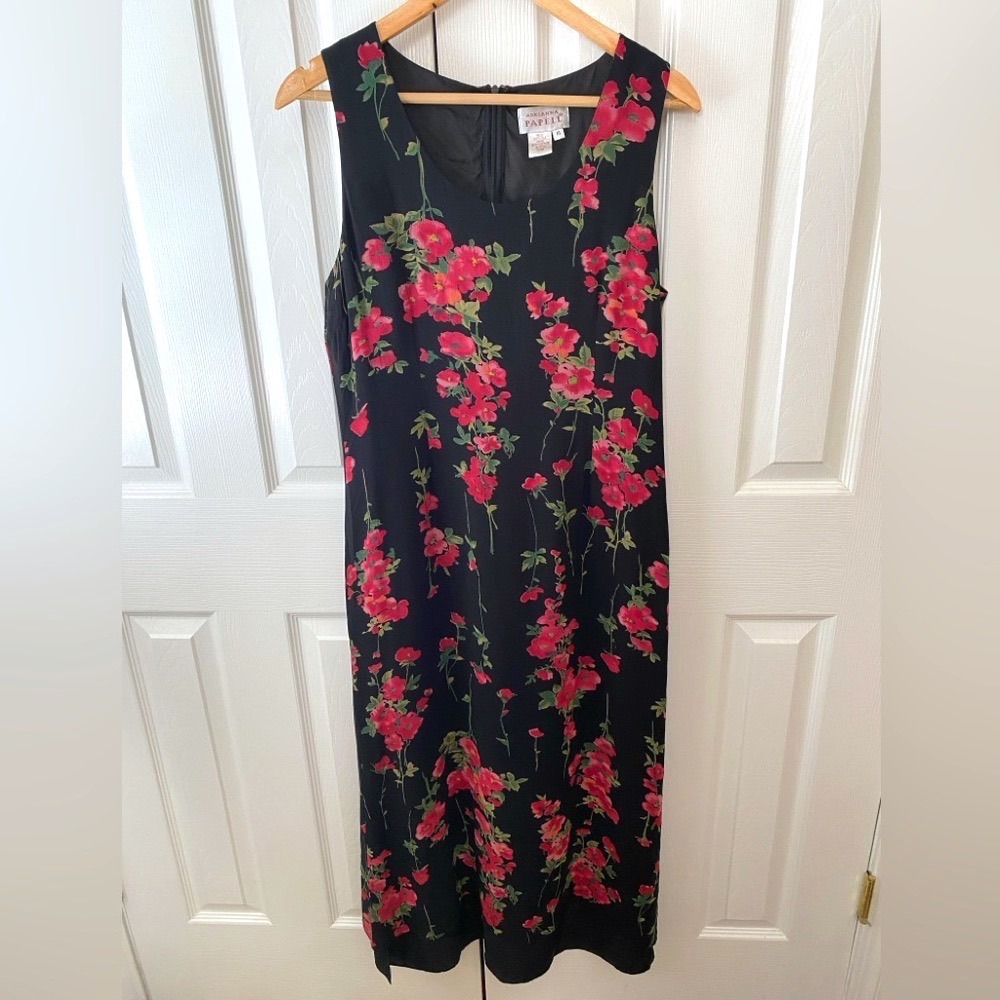 VTG 90's ADRIANNA PAPÉLL Black/Red Dark Floral 100% Silk Scoop Sheath Dress 14